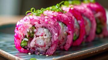 une Fruit de mer Sushi rouleau enveloppé dans brillant rose riz fabriqué de cuit hibiscus bourgeons pour une amusement et unique Regardez photo
