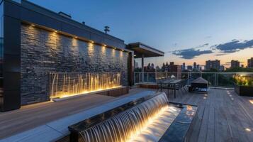 une toit terrasse se vanter une éblouissant combinaison de une l'eau mur et une Feu fonctionnalité parfait pour divertissant invités. 2d plat dessin animé photo