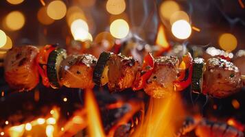 en bois brochettes en portant juteux des légumes et succulent pièces de Viande grésiller plus de le ouvert flamme. 2d plat dessin animé photo