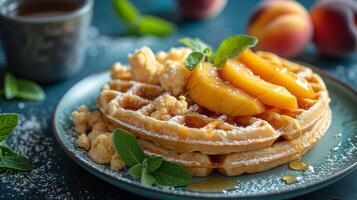 une pittoresque petit déjeuner de grillé entier grain gaufres orné avec tranché les pêches et une bruine de mon chéri servi avec une côté de brouillé des œufs et une tasse de chaud à base de plantes thé photo