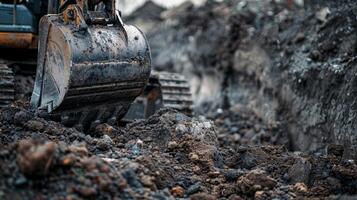 monticules de saleté et décombres empilé en haut comme le excavatrice sans relâche creuse par le Terre pour le fondation photo