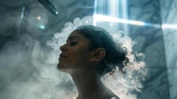 le chaud vapeur de le sauna enveloppant une les femmes tête fournir beaucoup nécessaire relaxation pour sa migraines. photo