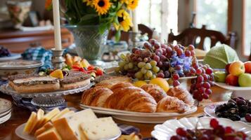 se livrer dans une gourmet petit déjeuner propager avec fraîchement cuit des pâtisseries local produire et artisanal les fromages à le lit et petits déjeuners à manger pièce photo