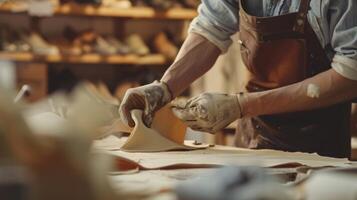 doux souple cuir étant soigneusement à une Table de travail prêt à être moulé dans une unique chaussure photo