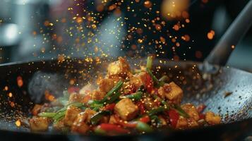 audacieux les saveurs et grésillant des sons entrer en collision dans cette y Tofu sauté avec une coloré tableau de des légumes ajouter une Frais et vibrant toucher à le plat photo