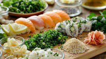 un assortiment de Frais herbes et es comprenant wasabi et gingembre prêt à ajouter une donner un coup de saveur à le Sushi Rouleaux photo