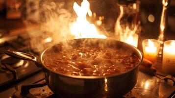 une pot de bouillonnant soupe mijote sur le cuisinière ses vapeur se mêler avec le vacillant lumière de proche bougies. 2d plat dessin animé photo