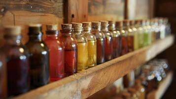 fermer de une variété de bouteilles contenant essentiel huiles tel comme menthe poivrée jasmin et bois de santal à être utilisé dans une sauna expérience. photo