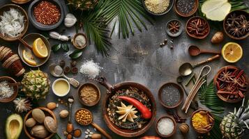 une de haut en bas coup de une table plein de divers tropical Ingrédients et ustensiles arrangé dans un organisé et esthétiquement plaisant façon photo