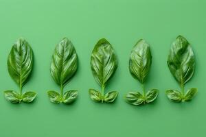 basilic feuilles arrangé dans une soigné rangée sur une pente vert arrière-plan, minimaliste et coloré photo