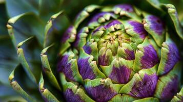 abstrait proche en haut de un artichaut cœur, vibrant légumes verts et violets dans une tourbillonnant modèle photo