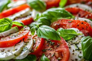 caprese salade avec tomate, mozzarella, et basilic, proche en haut avec concentrer sur le superposition et couleurs photo