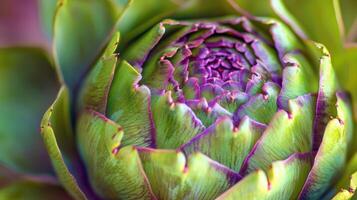 abstrait proche en haut de un artichaut cœur, vibrant légumes verts et violets dans une tourbillonnant modèle photo