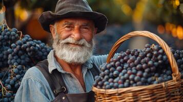 Sénior vigneron en portant les raisins dans vignoble à le coucher du soleil photo