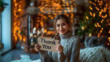 reconnaissant femme en portant 'remercier toi' signe avec de fête lumières photo