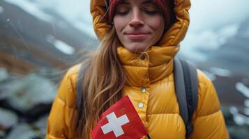 Jeune femme profiter Suisse Chocolat avec nationale drapeau photo