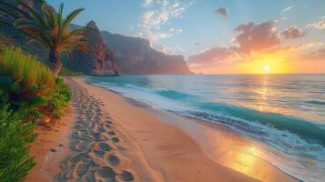 étourdissant lever du soleil à teresitas plage avec paume et falaises photo