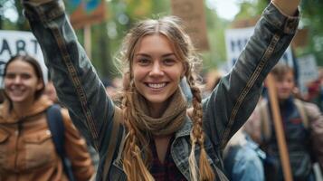 Jeune femme souriant à une climat changement manifestation avec des pancartes et affiches photo