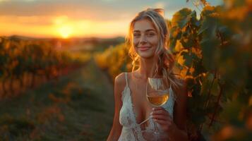 élégant Jeune femme profiter du vin dans vignoble à le coucher du soleil photo