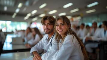 Jeune médical élèves dans laboratoire manteaux collaborer dans Université photo