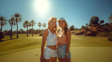 deux femelle copains profiter été journée à le golf cours photo