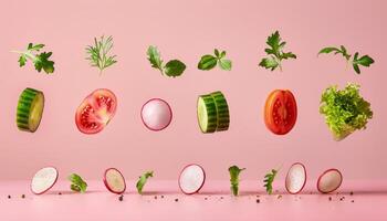 Frais et coloré salade Ingrédients sur rose Contexte roquette, laitue, un radis, et tomate photo