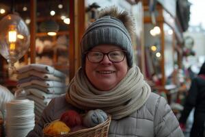 joyeux Jeune femme avec vers le bas syndrome travail à une en tissu magasin, souriant vivement photo