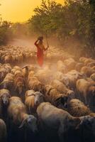 une local femme et une grand mouton troupeau de retour à le Grange dans le coucher de soleil, après une journée de alimentation dans le montagnes dans neuf thuan province, vietnam. photo