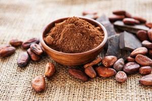cacao en poudre, chocolat et fèves photo