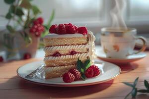 framboises gâteau sur une blanc assiette sur le table photo