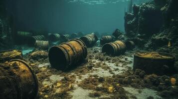 le fer barils avec chimique déchets sur le mer. la pollution de le fond marin et le environnement. photo