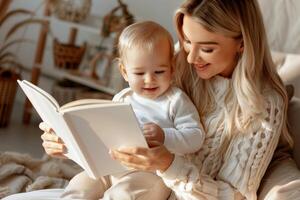 mère en train de lire blanc livre avec enfant . photo