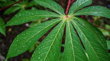 manioc feuilles sont vert après pluie, humide avec l'eau gouttelettes photo