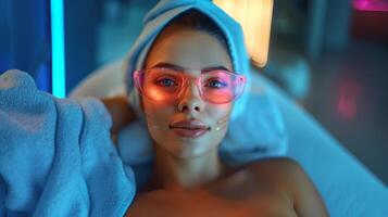élégant femme recevoir luxueux faciale traitement dans salon photo