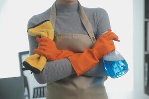 femme nettoyage table en utilisant chiffon et diffuseur à maison. photo