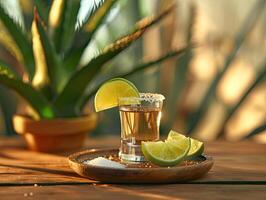 verre de de l'alcool avec citron vert tranche sur plaque. photo