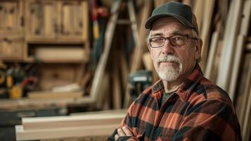 homme permanent dans de face de bois pile. photo