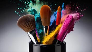 maquillage brosse avec arc en ciel poudre explosion sur noir Contexte. cosmétique ou mode concept. photo