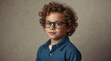 une Jeune garçon avec des lunettes sur une gris Contexte photo