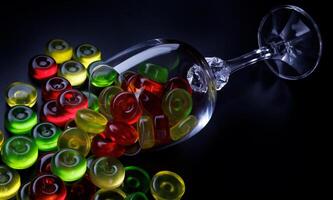 beaucoup sucettes répandre en dehors de un renversé verre gobelet. multicolore des sucreries dans une verre sur une noir Contexte. photo