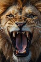 une Lion rugissement avec ses bouche ouvert photo