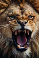 une Lion rugissement avec ses bouche ouvert photo