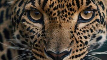 proche en haut de une léopard visage avec une foncé Contexte photo