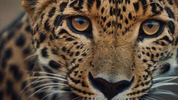 proche en haut de une léopard visage avec une foncé Contexte photo
