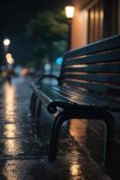 une banc est séance dans le pluie à nuit photo