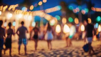 défocalisé gens est ayant une plage fête à nuit dans le été un événement Festival vacances sur une flou Contexte photo