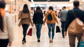 défocalisé gens en marchant dans une moderne achats centre commercial avec certains les acheteurs dans mouvement brouiller photo