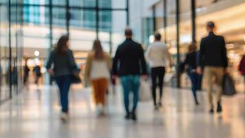 défocalisé gens en marchant dans une moderne achats centre commercial avec certains les acheteurs dans mouvement brouiller photo