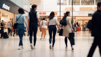 défocalisé gens en marchant dans une moderne achats centre commercial avec certains les acheteurs dans mouvement brouiller photo