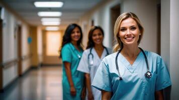 femelle médecins dans le hôpital couloir photo